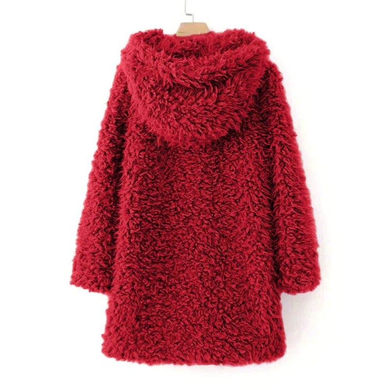 Damen Wintermantel Teddy Fleece mit Kapuze Elegante Taille-2
