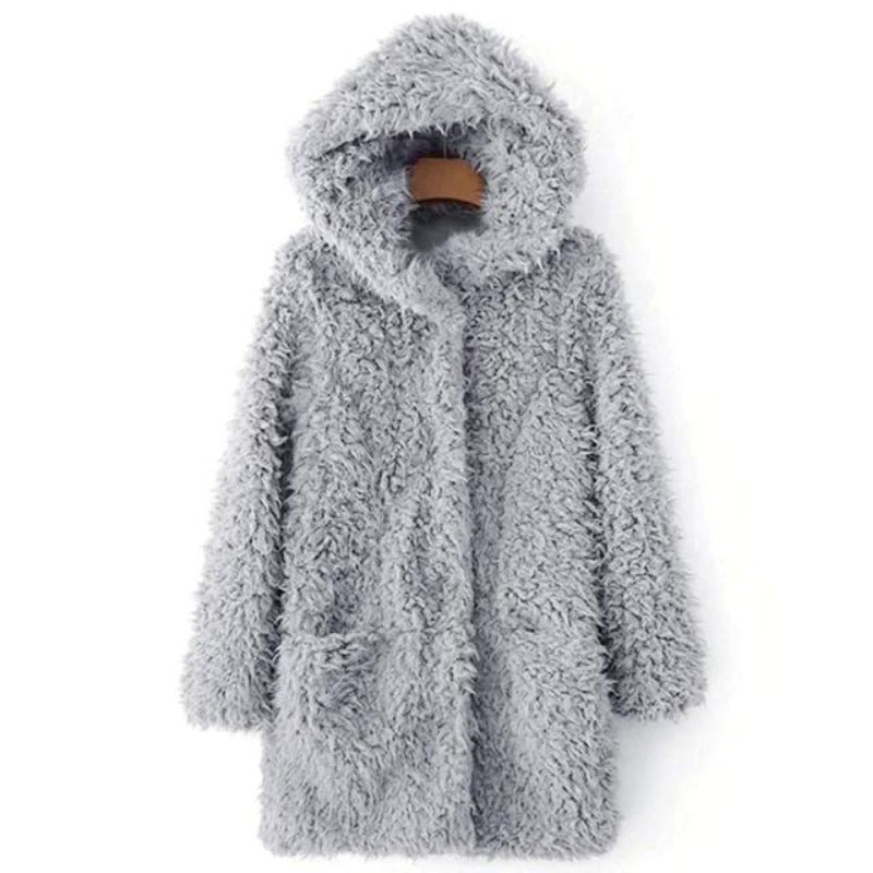 Damen Wintermantel Teddy Fleece mit Kapuze Elegante Taille-1