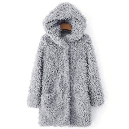 Damen Wintermantel Teddy Fleece mit Kapuze Elegante Taille-1