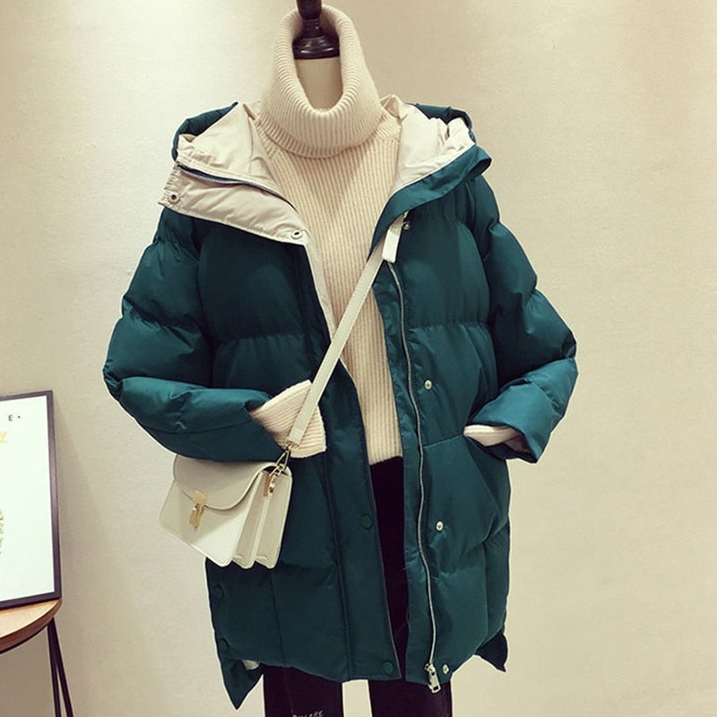 Damen-Winterjacke, lang, mit geräumiger Kapuze und Zwei-Wege-Reißverschluss, Baumwolle, Polyester-2