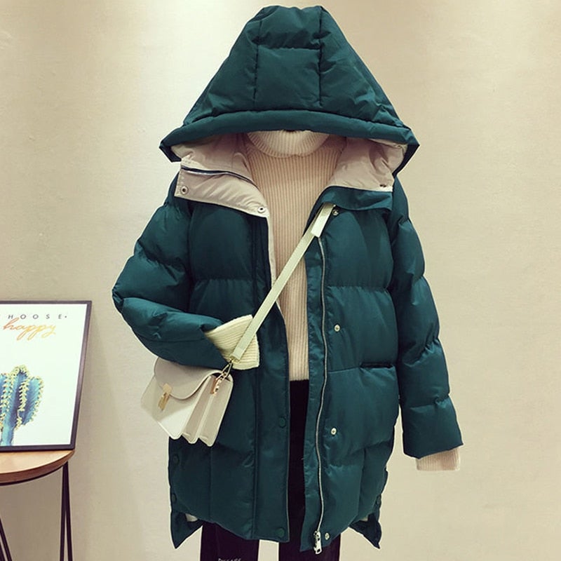 Damen-Winterjacke, lang, mit geräumiger Kapuze und Zwei-Wege-Reißverschluss, Baumwolle, Polyester-3