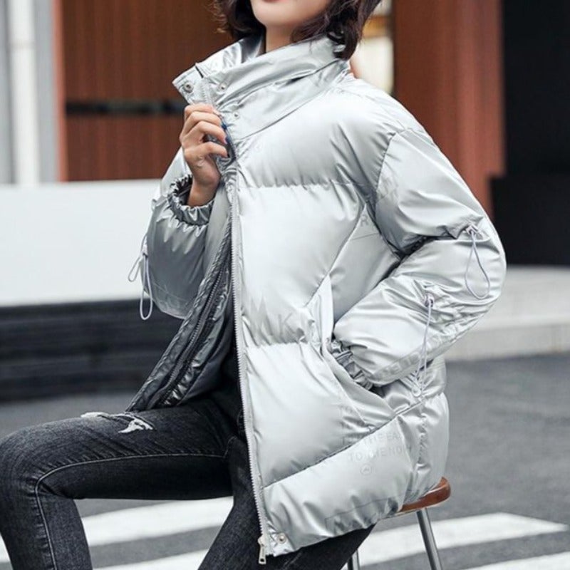 Damenjacke Kurz Gesteppt Baumwolle Polyester mit hohem Kragen und Seitentaschen-4