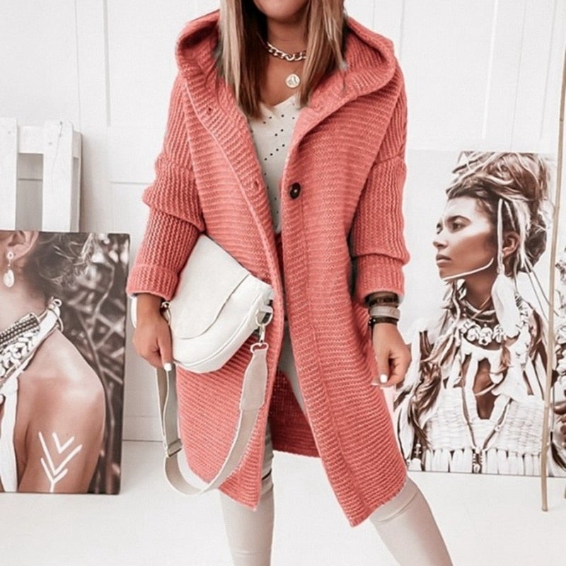 Variant image for Lange Strickjacke Damen Kapuze aus Baumwolle und Polyester Cardigan-13