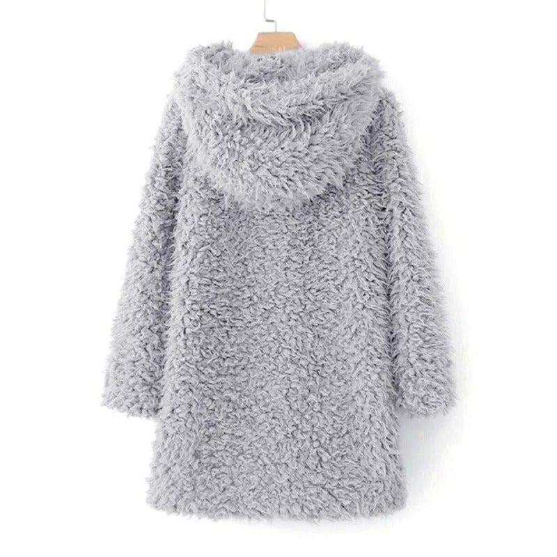 Damen Wintermantel Teddy Fleece mit Kapuze Elegante Taille-4