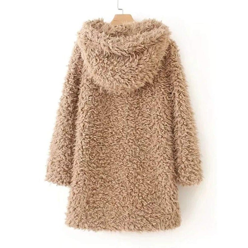 Damen Wintermantel Teddy Fleece mit Kapuze Elegante Taille-3
