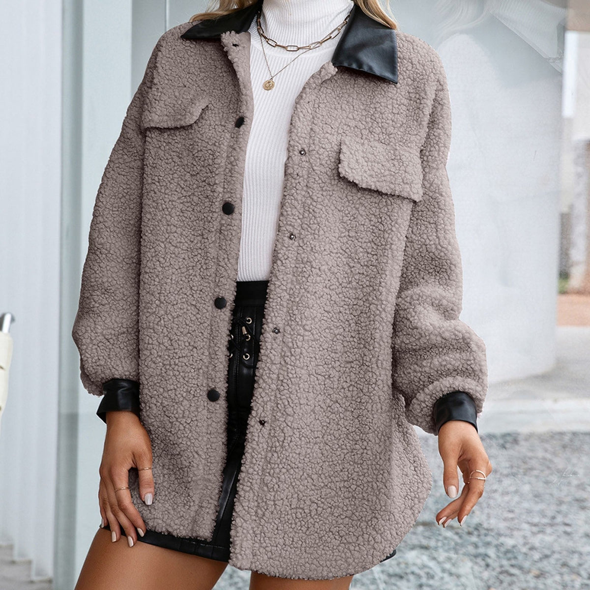 Damen Hemdjacke Klassisch Baumwolle Polyester mit Lederkragen-1