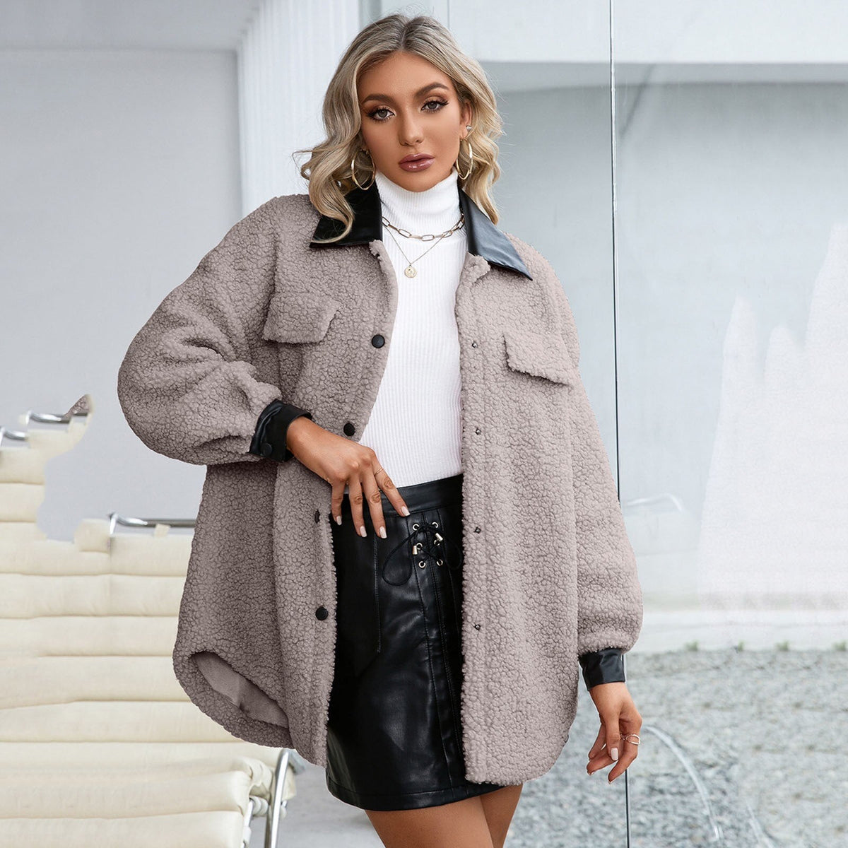 Damen Hemdjacke Klassisch Baumwolle Polyester mit Lederkragen-3