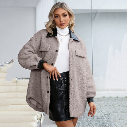 Damen Hemdjacke Klassisch Baumwolle Polyester mit Lederkragen-3
