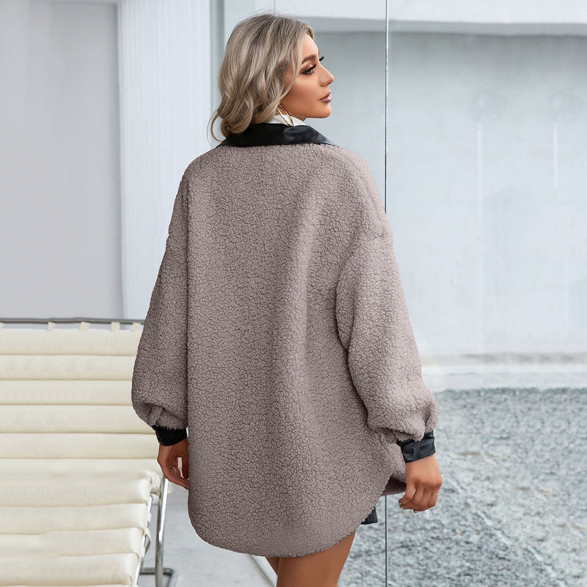 Damen Hemdjacke Klassisch Baumwolle Polyester mit Lederkragen-6