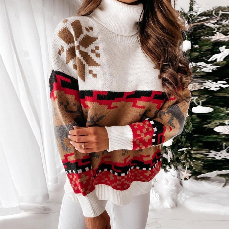 Damen-Pullover, Rollkragen, Weihnachtsmotiv, Polyester und Baumwolle-6