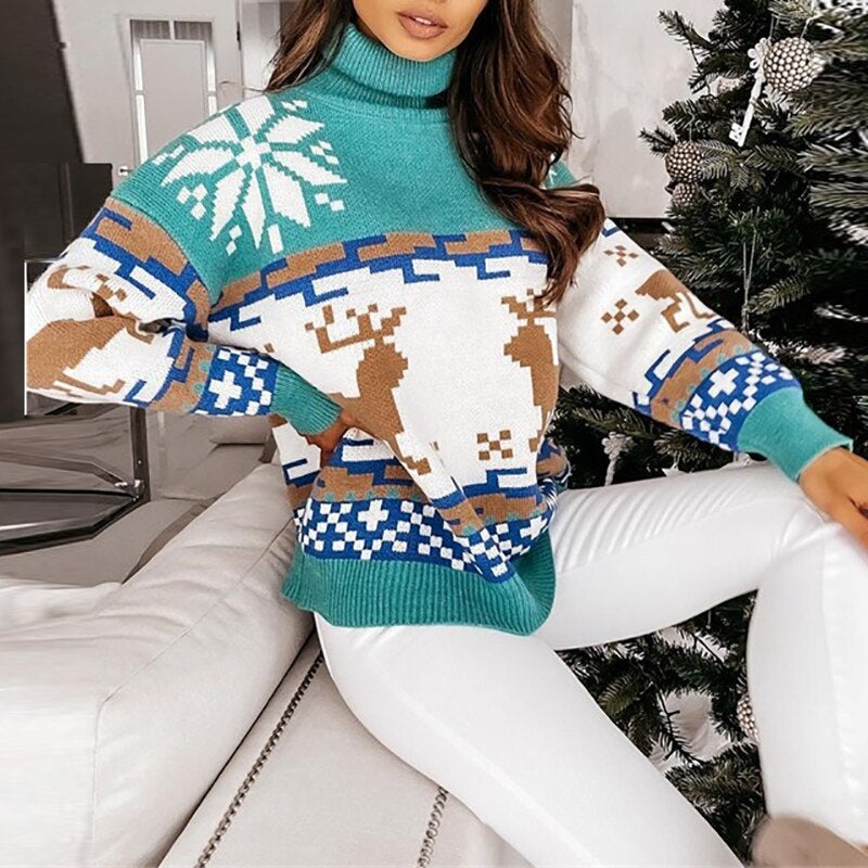 Damen-Pullover, Rollkragen, Weihnachtsmotiv, Polyester und Baumwolle-2