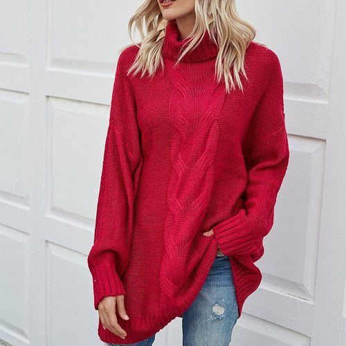 Damen-Rollkragen-Strickpullover, oversized Baumwolle-1