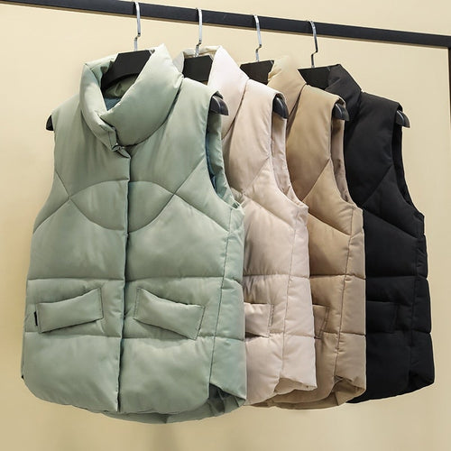 Damen-Daunenweste, gesteppte Baumwolle, Polyester mit Stehkragen und Taschen-1