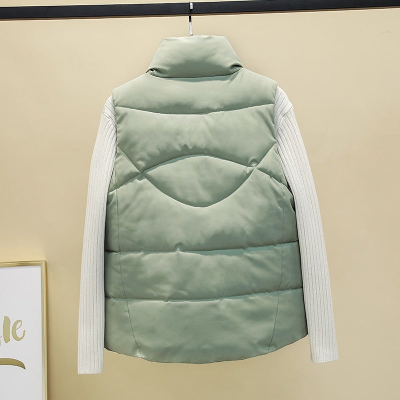Damen-Daunenweste, gesteppte Baumwolle, Polyester mit Stehkragen und Taschen-4