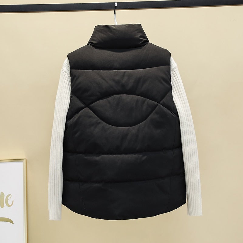Damen-Daunenweste, gesteppte Baumwolle, Polyester mit Stehkragen und Taschen-2