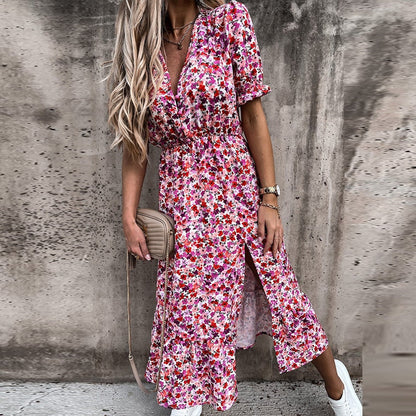 Damen-Maxikleid, Blumenförmig, V-Ausschnitt, elastischer Taille, hochwertiger Stoff-6