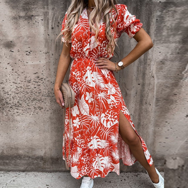 Damen-Maxikleid, Blumenförmig, V-Ausschnitt, elastischer Taille, hochwertiger Stoff-2