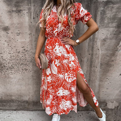 Damen-Maxikleid, Blumenförmig, V-Ausschnitt, elastischer Taille, hochwertiger Stoff-2