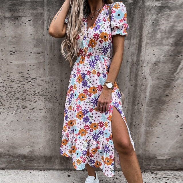 Damen-Maxikleid, Blumenförmig, V-Ausschnitt, elastischer Taille, hochwertiger Stoff-1