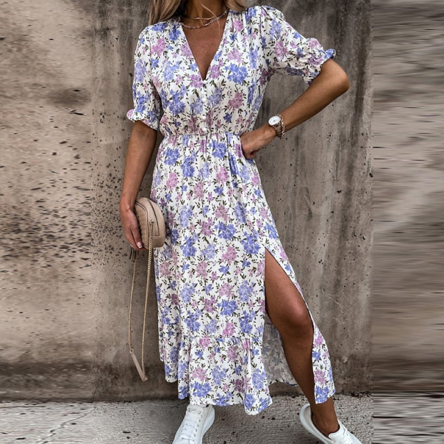 Damen-Maxikleid, Blumenförmig, V-Ausschnitt, elastischer Taille, hochwertiger Stoff-3
