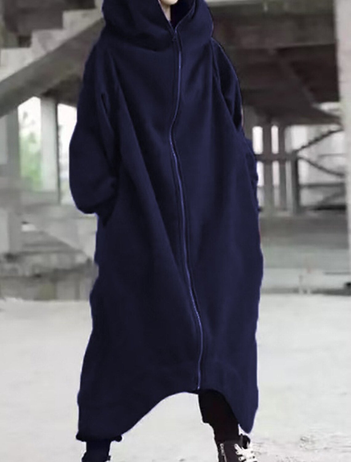 Damen-Mantel Lang Fleece mit Kapuze Elegantes Design-5