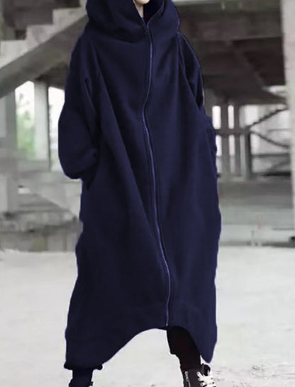Damen-Mantel Lang Fleece mit Kapuze Elegantes Design-5