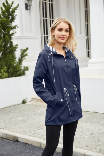Wasserdichte Damenjacke in elegantem Design – Atmungsaktives Polyester, lang und schick, Schwarz, Damenjacken, mehrere Taschen 3