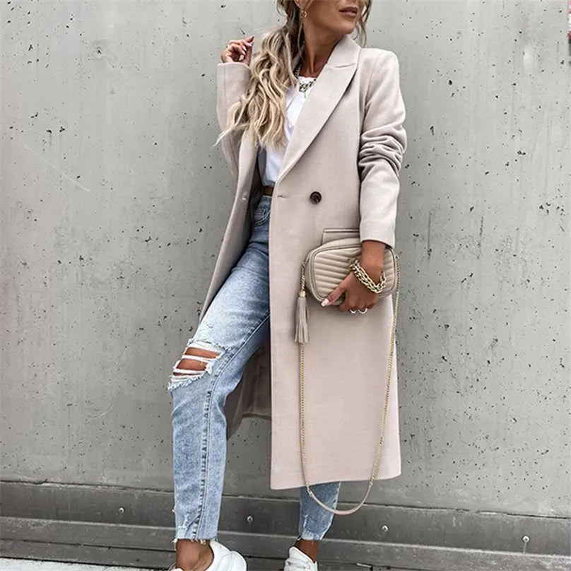 Langer Damen-Wintermantel aus Polyester mit Doppelknopf und Taschen – klassisch und elegant, unter dem Knie 2