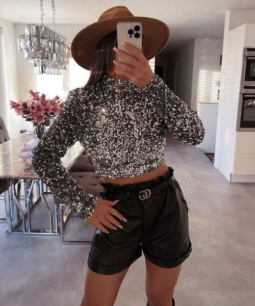 Damen-Pailletten-Top, langärmelig, elegant, weicher Stoff 1