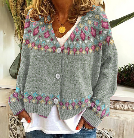 Damen-gestrickter Cardigan, norwegisches Design, Wollmischung-2