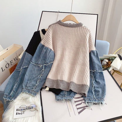 Damen-Strickpullover, Patchwork mit Denim-Ärmel, weich und bequem-5