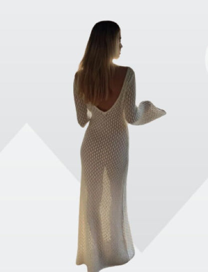 Maxikleid Damen V-Ausschnitt Lange Ärmel Weiches Material-4
