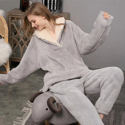 Damen-Pyjama-Set, langärmelig, Fleece mit passender Pyjamahose-5