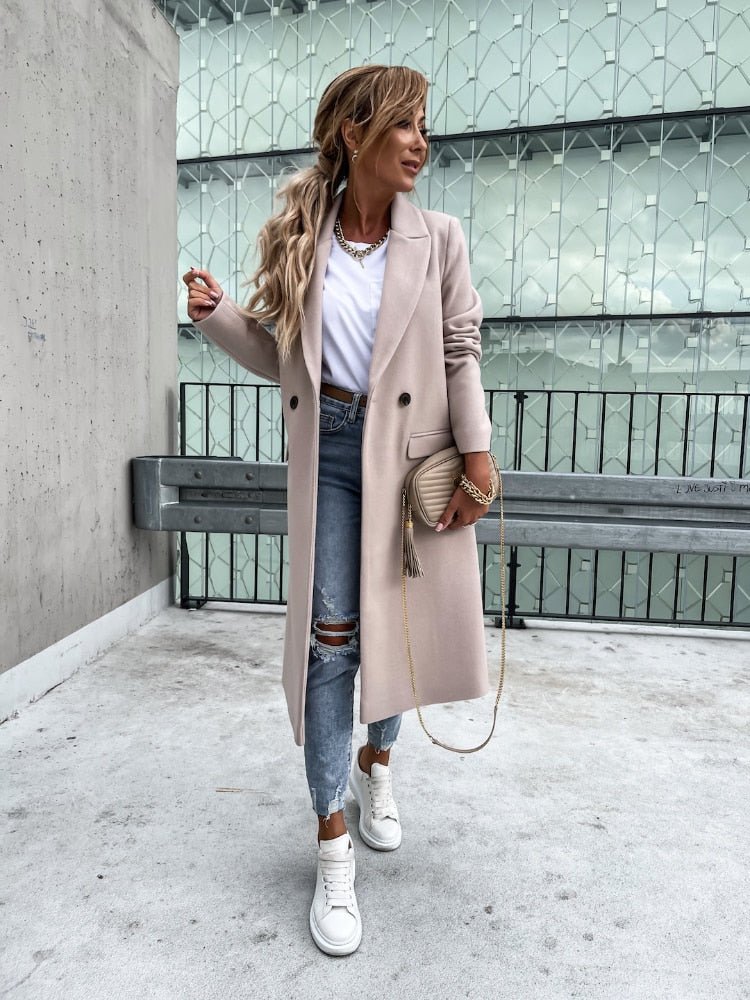 Langer Damen-Wintermantel aus Polyester mit Doppelknopf und Taschen – klassisch und elegant, unter dem Knie 1