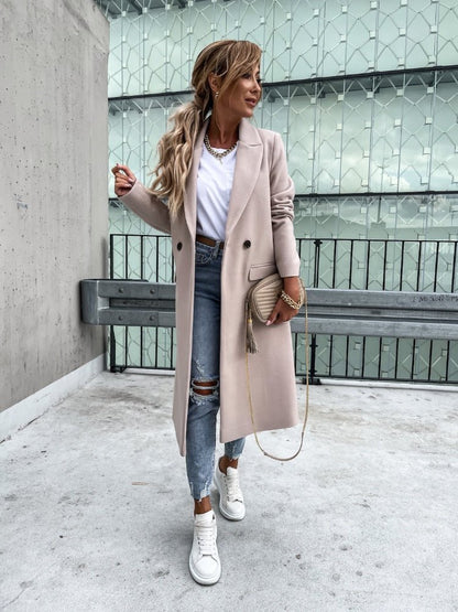 Langer Damen-Wintermantel aus Polyester mit Doppelknopf und Taschen – klassisch und elegant, unter dem Knie 1