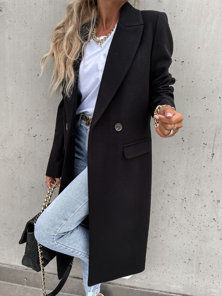 Langer Damen-Wintermantel aus Polyester mit Doppelknopf und Taschen – klassisch und elegant, unter dem Knie 6