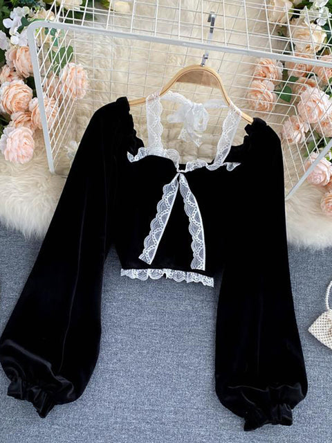 Damen-Halterneck, Bluse, mit Puffärmel und Spitzendetails, synthetische Fasern-1