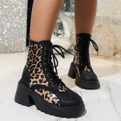 Damen-Stiefel, chunky Absatz, Leder, Leopardenmuster 1