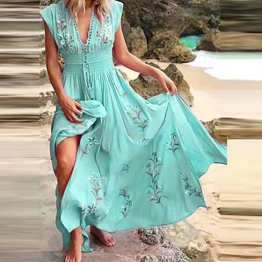 Damen-Maxikleid, geblümt dehnbarer Polyester, bodenlang-1
