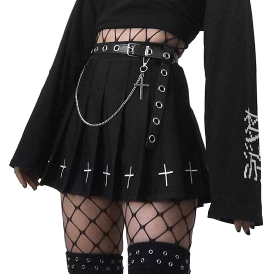 Damen-Minirock im gotischen Stil mit Falten und dekorativen Drucken aus schwarzem Polyester 1