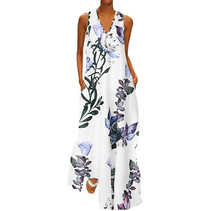 Damen-Maxikleid mit V-Ausschnitt und Blumenmuster aus 100 % Baumwolle für den Sommer-4