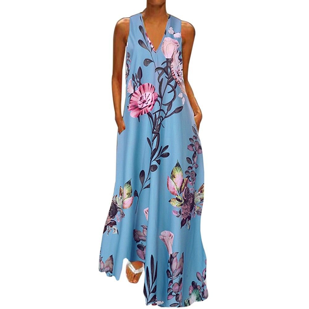 Damen-Maxikleid mit V-Ausschnitt und Blumenmuster aus 100% Baumwolle Sommer-5