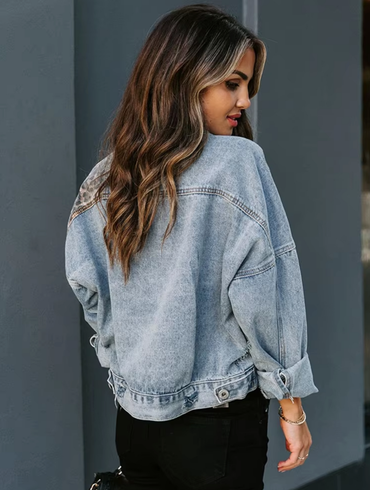 Damen-Jeansjacke Leopardenprint Denim Klassisch-3