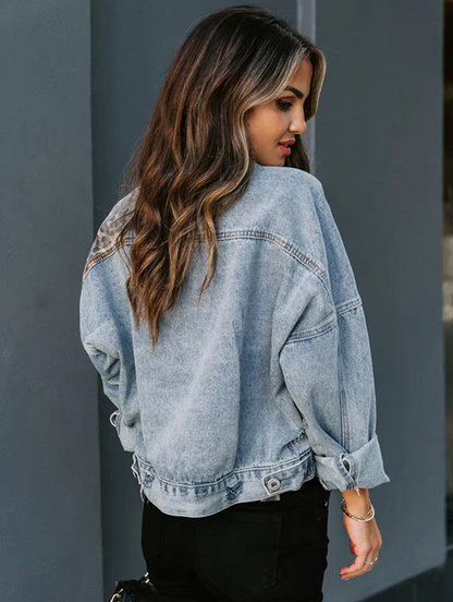 Damen-Jeansjacke Leopardenprint Denim Klassisch-3