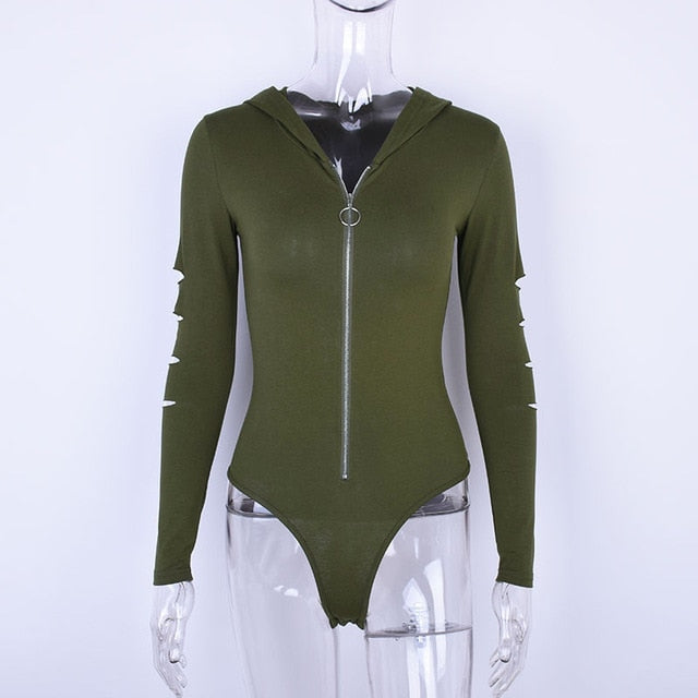 Damen-Bodysuit mit dekorativem Ausschnitt und Kapuze Baumwolle Polyester-1