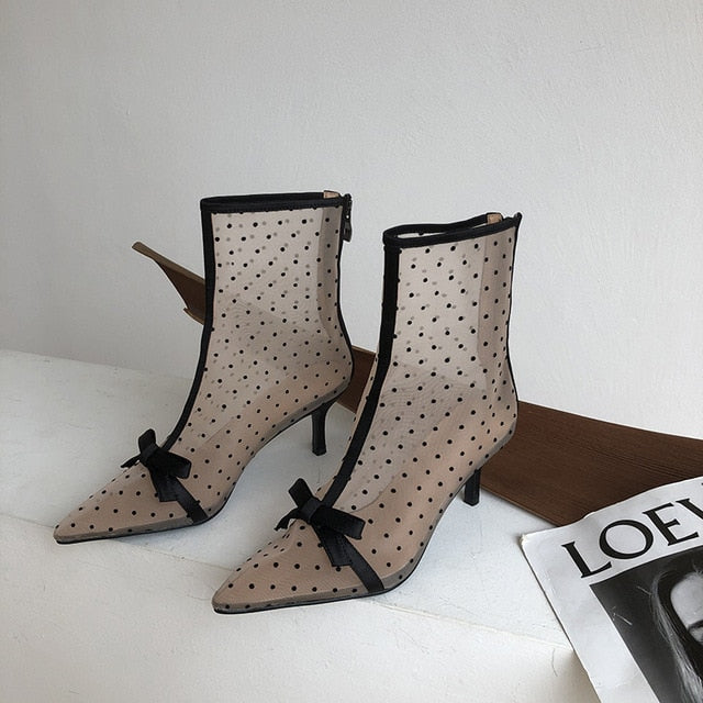 Damen Ankelstiefel mit Punkte Reißverschluss Netzmaterial-1