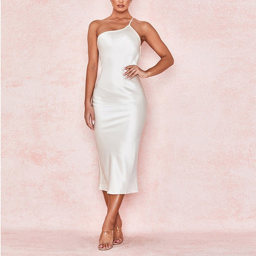 Damen-Midikleid, eine Schulter, Polyester, Spandex-1