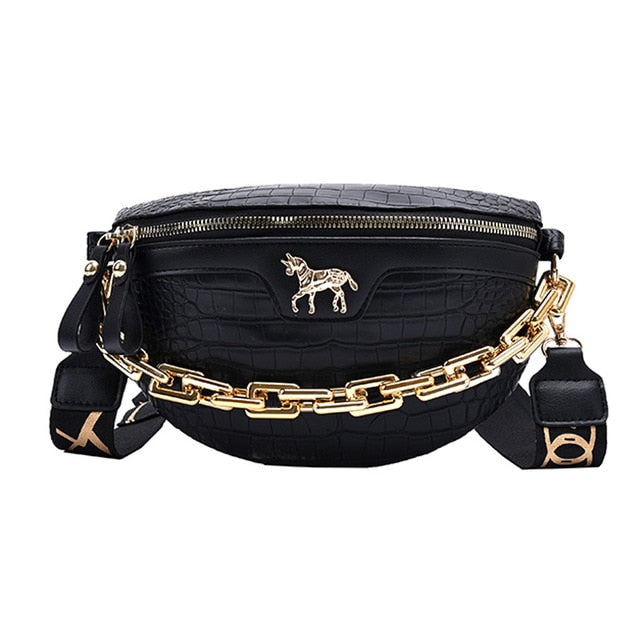 Damen Schultertasche Kettengürtel PU-Leder mit Einhorn-Stift-1