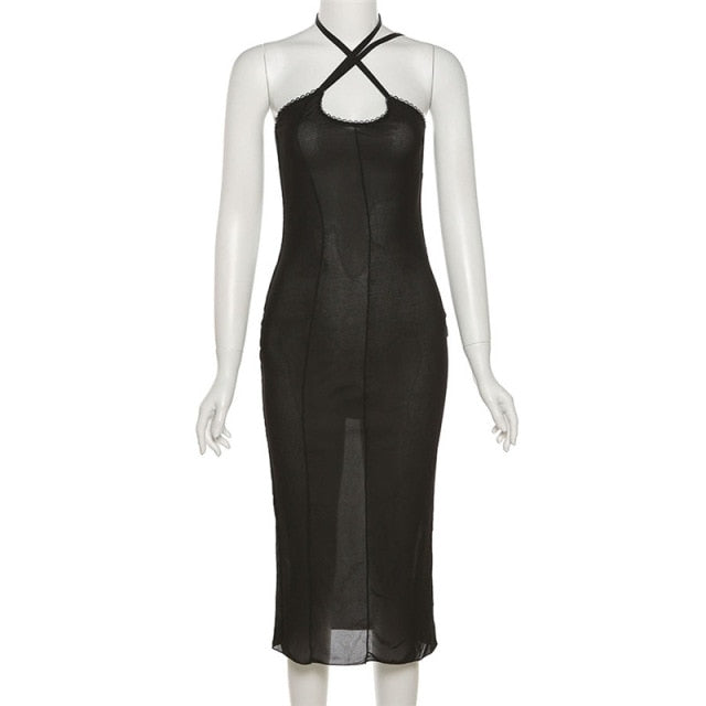 Damen-Midi-Kleid, Spaghettiträger, Cut-out, Details, Polyester, Viskose-1