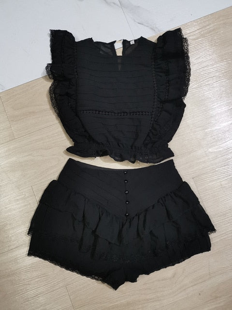 Damen-Set, kurz, plissiertes Top, Polyester, Blumenmuster, Shorts-1